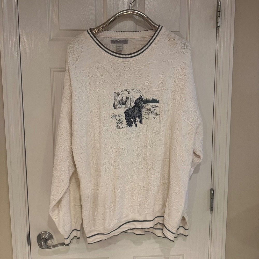Vintage Fieldmaster Wolf Knit Sweater Mens XLT Cream Cotton Made in USA Tall